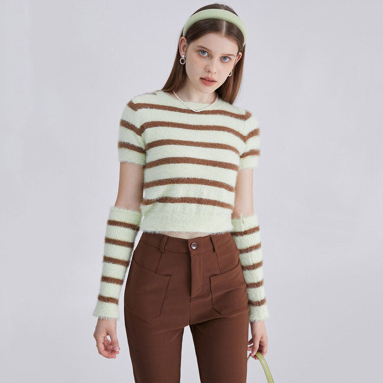Style Core Aesthetics, New Style Trends - Fuzzy Striped Top + Gloves Set