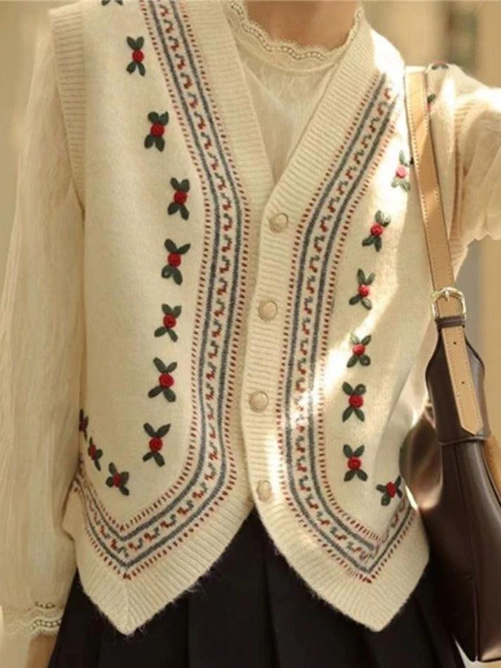 Style Core Aesthetics, New Style Trends - Gilet pull vintage brodé à col en V