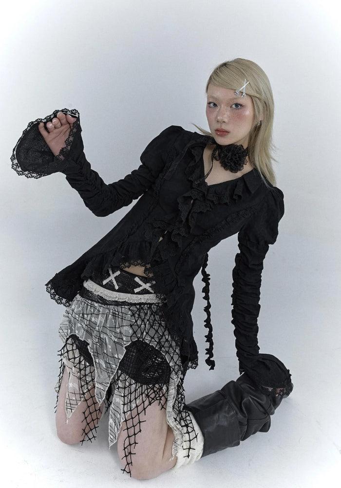 Style Core Aesthetics, New Style Trends - Goth Asymmetric Ruched Sleeve Shirt