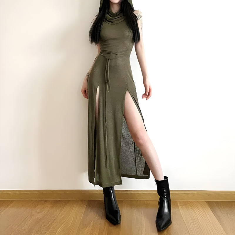 Style Core Aesthetics, New Style Trends - Goth Hooded Cut Out Back Midi Dress