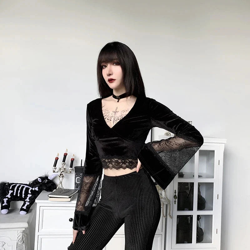 Style Core Aesthetics, New Style Trends - Goth Lace Flare Cuffs Crop Top