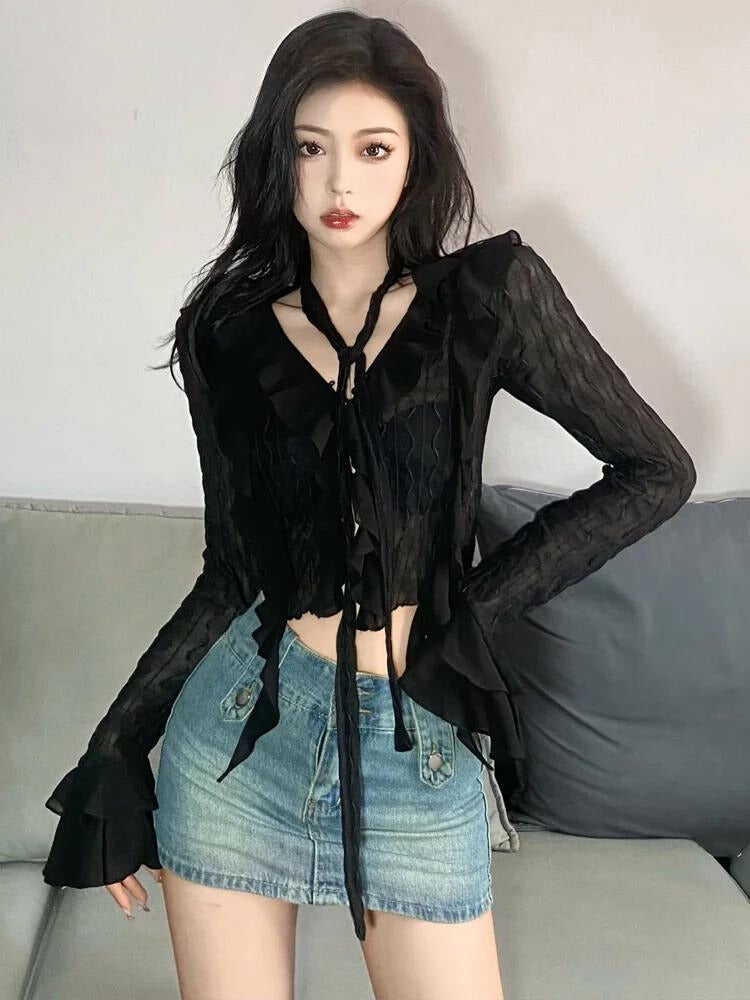 Style Core Aesthetics, New Style Trends - Goth Sheer Ruffled Crop Top