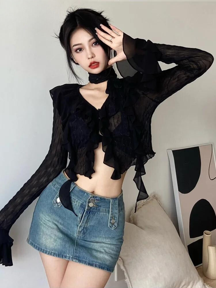 Style Core Aesthetics, New Style Trends - Goth Sheer Ruffled Crop Top