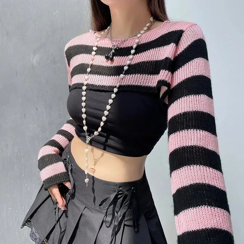 Style Core Aesthetics, New Style Trends - Goth Striped Knitted Shrug Sweater