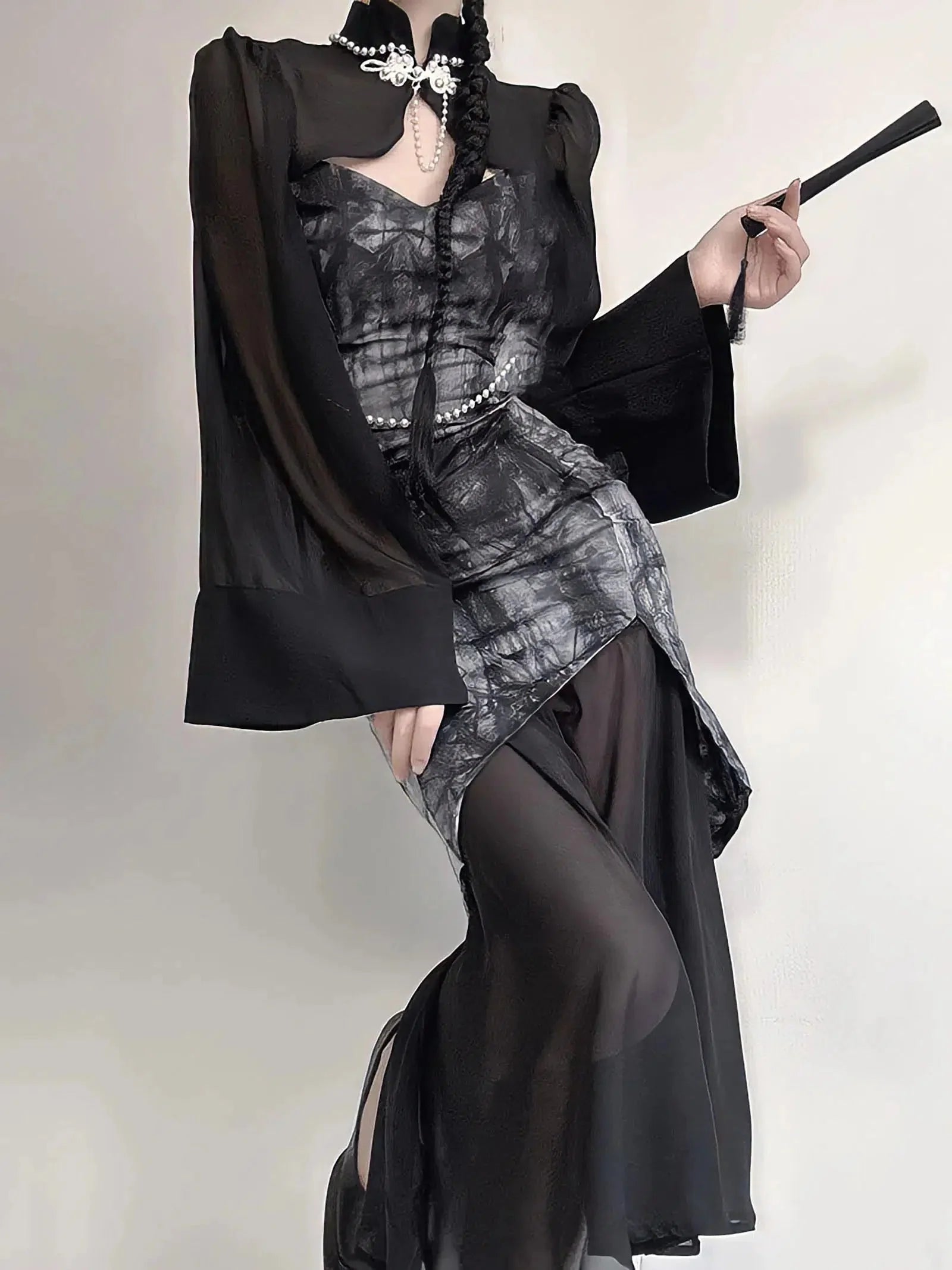 Style Core Aesthetics, New Style Trends - Goth Wide Sleeve Qipao Midi Dress