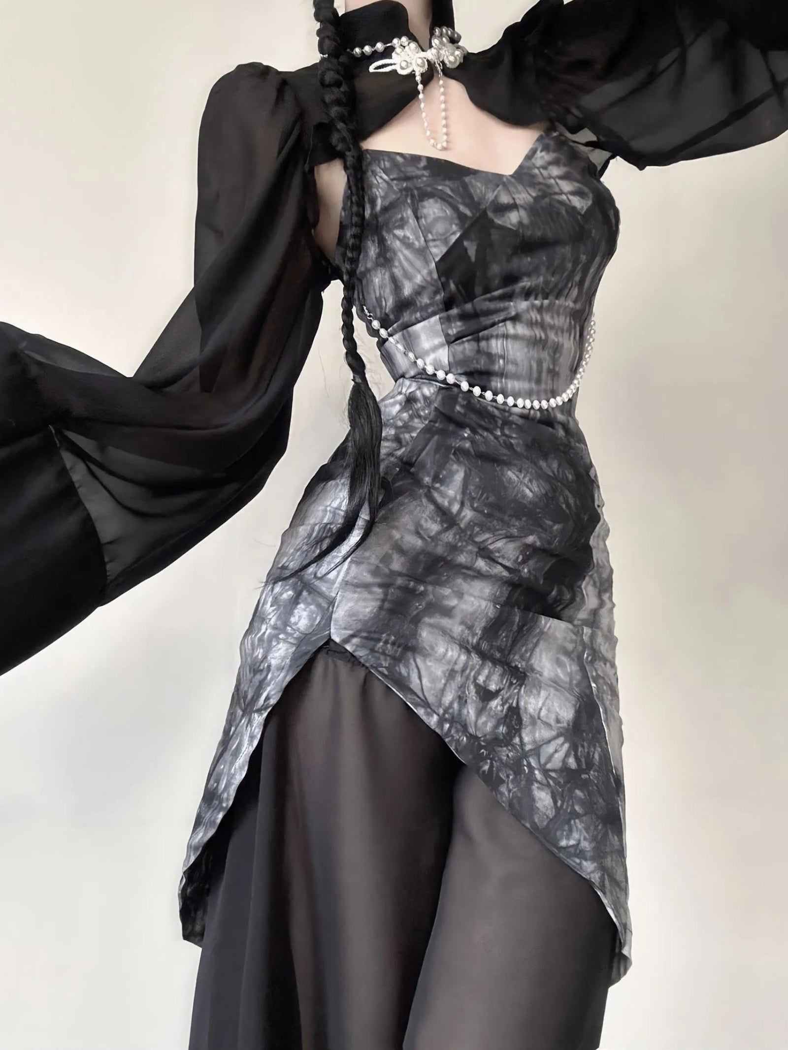 Style Core Aesthetics, New Style Trends - Goth Wide Sleeve Qipao Midi Dress