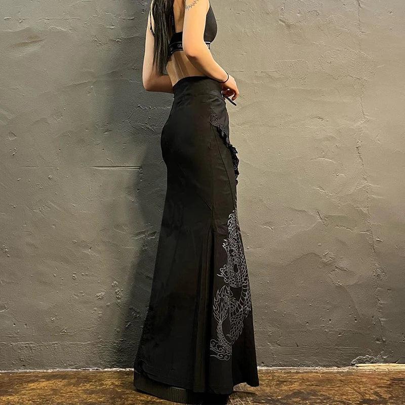 Style Core Aesthetics, New Style Trends - Gothic Dragon Printed Midi Skirt
