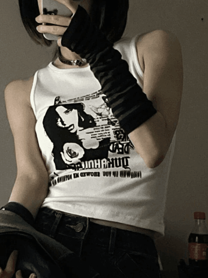 Style Core Aesthetics, New Style Trends - Gothic Punk Printed Rib Crop Tank Top