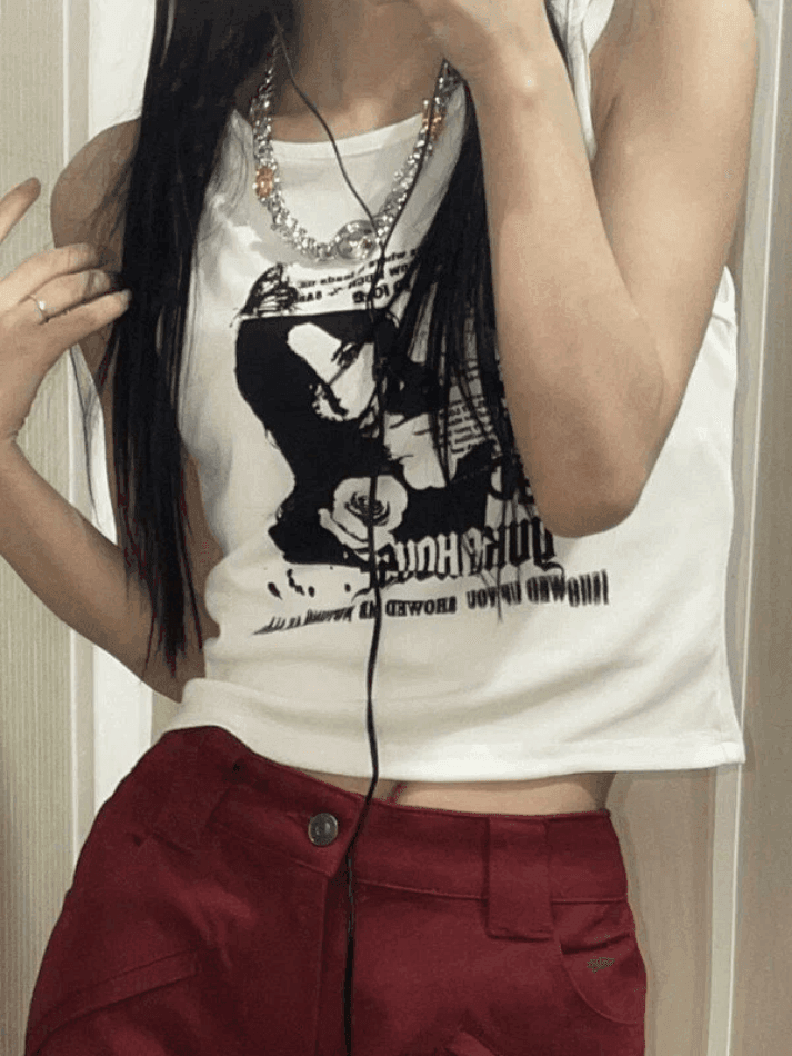 Style Core Aesthetics, New Style Trends - Gothic Punk Printed Rib Crop Tank Top