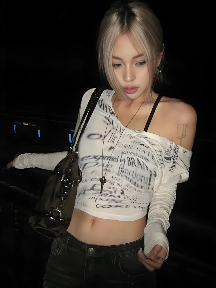 Style Core Aesthetics, New Style Trends - Grunge Blur Letter One Shoulder Top