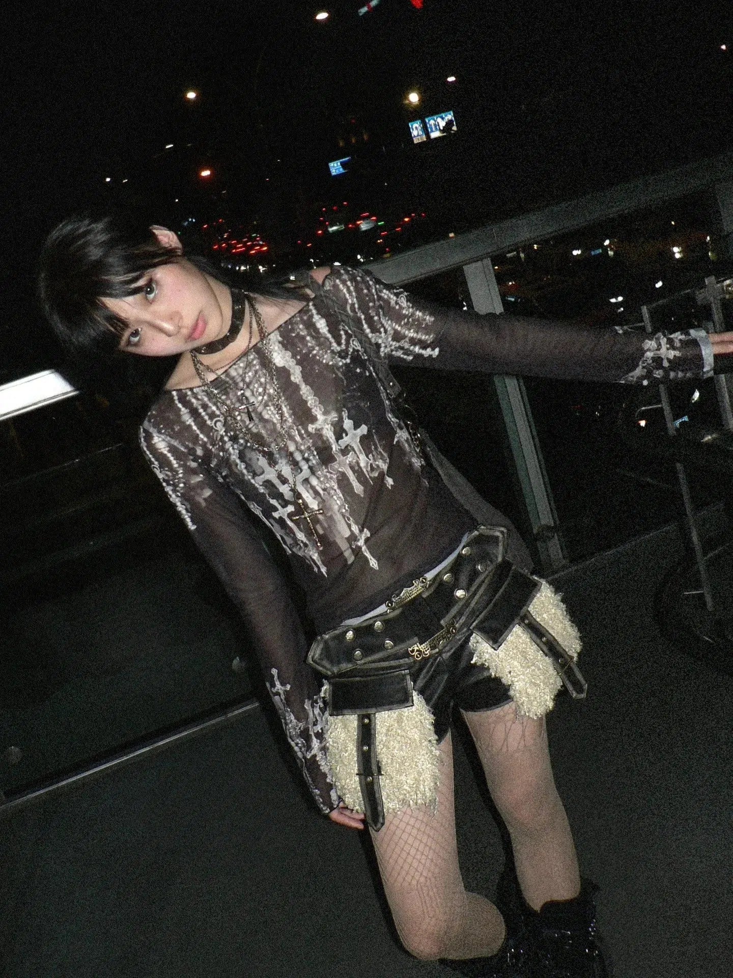 Style Core Aesthetics, New Style Trends - Grunge Cross Wide Neck Mesh Top