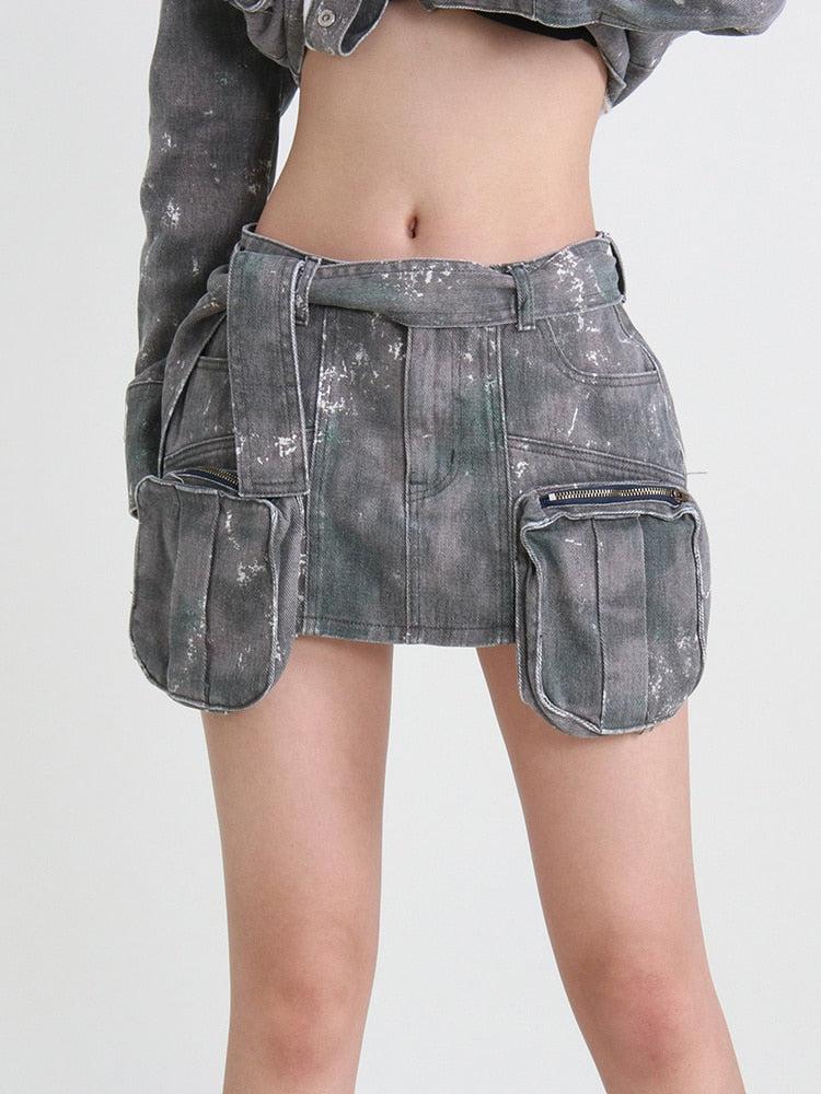 Style Core Aesthetics, New Style Trends - Grunge Distressed Cargo Denim Mini Skirt