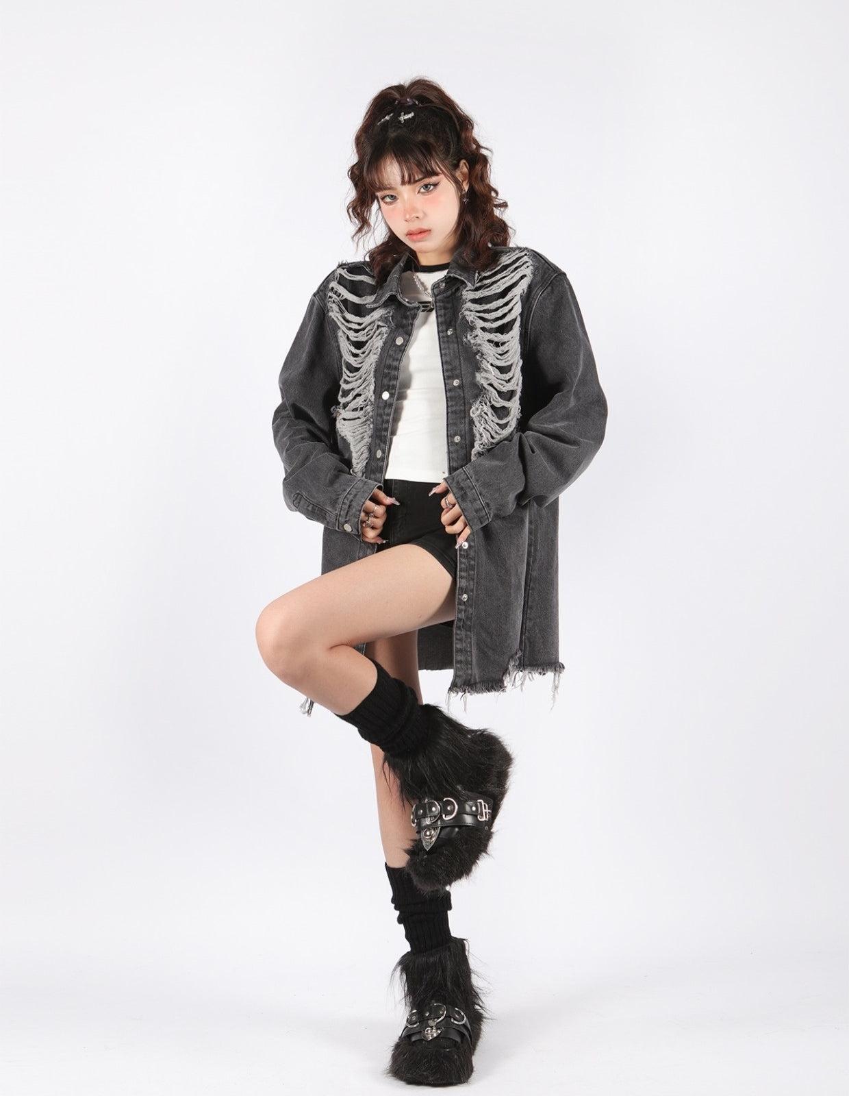 Style Core Aesthetics, New Style Trends - Grunge Distressed Long Denim Jacket