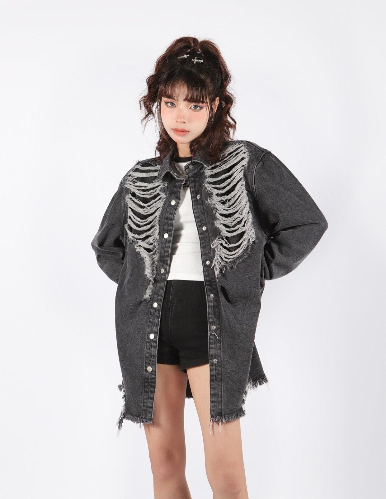 Style Core Aesthetics, New Style Trends - Grunge Distressed Long Denim Jacket