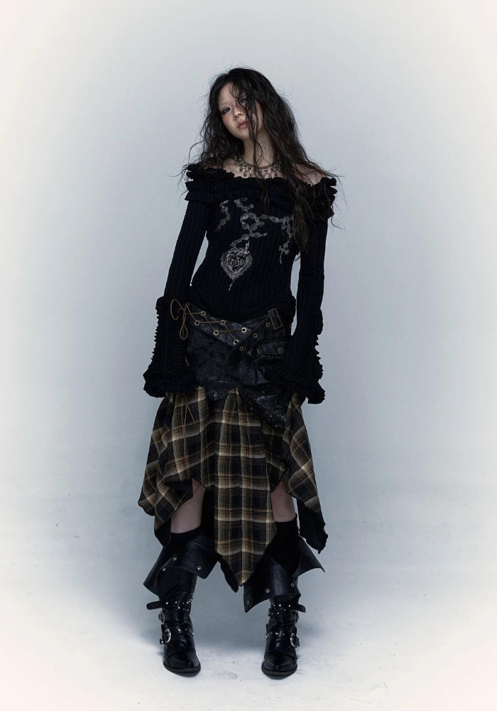 Style Core Aesthetics, New Style Trends - Grunge Faux Leather Plaid Midi Skirt