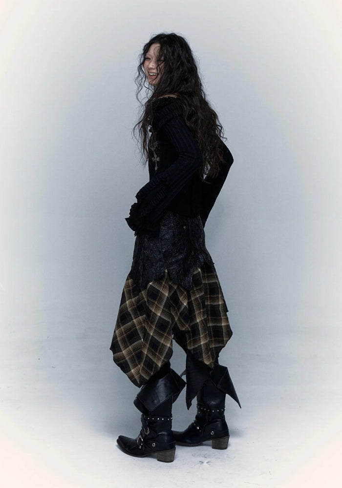 Style Core Aesthetics, New Style Trends - Grunge Faux Leather Plaid Midi Skirt
