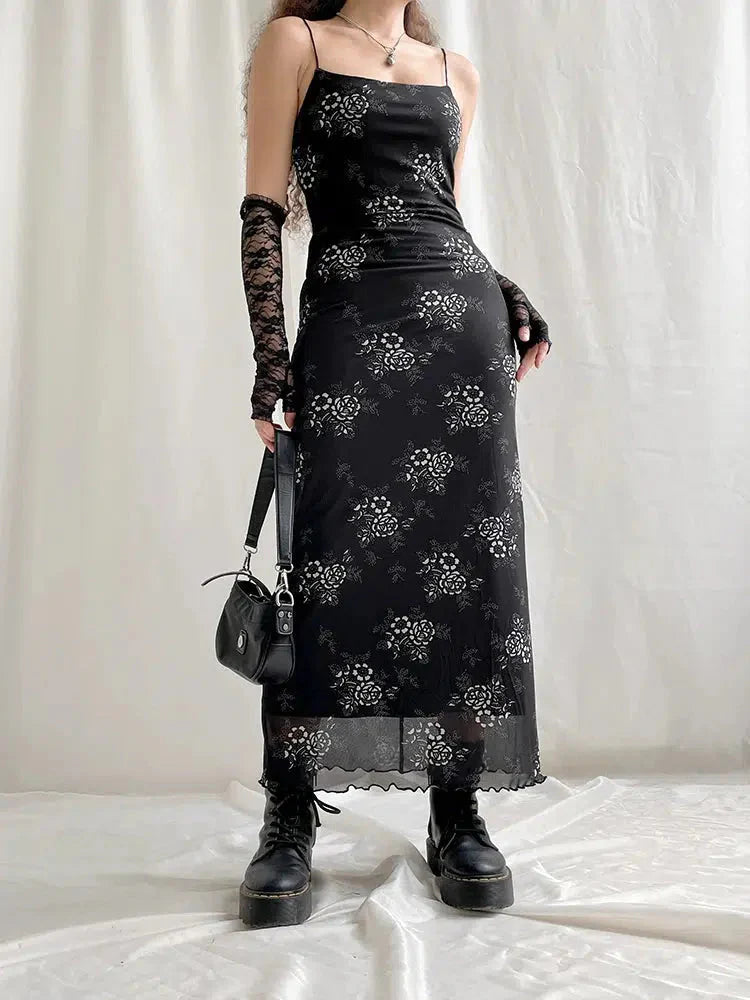 Style Core Aesthetics, New Style Trends - Grunge Floral Mesh Midi Dress