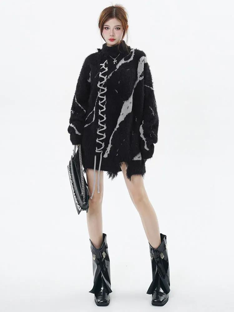 Style Core Aesthetics, New Style Trends - Grunge Fluffy Lace Up Sweater