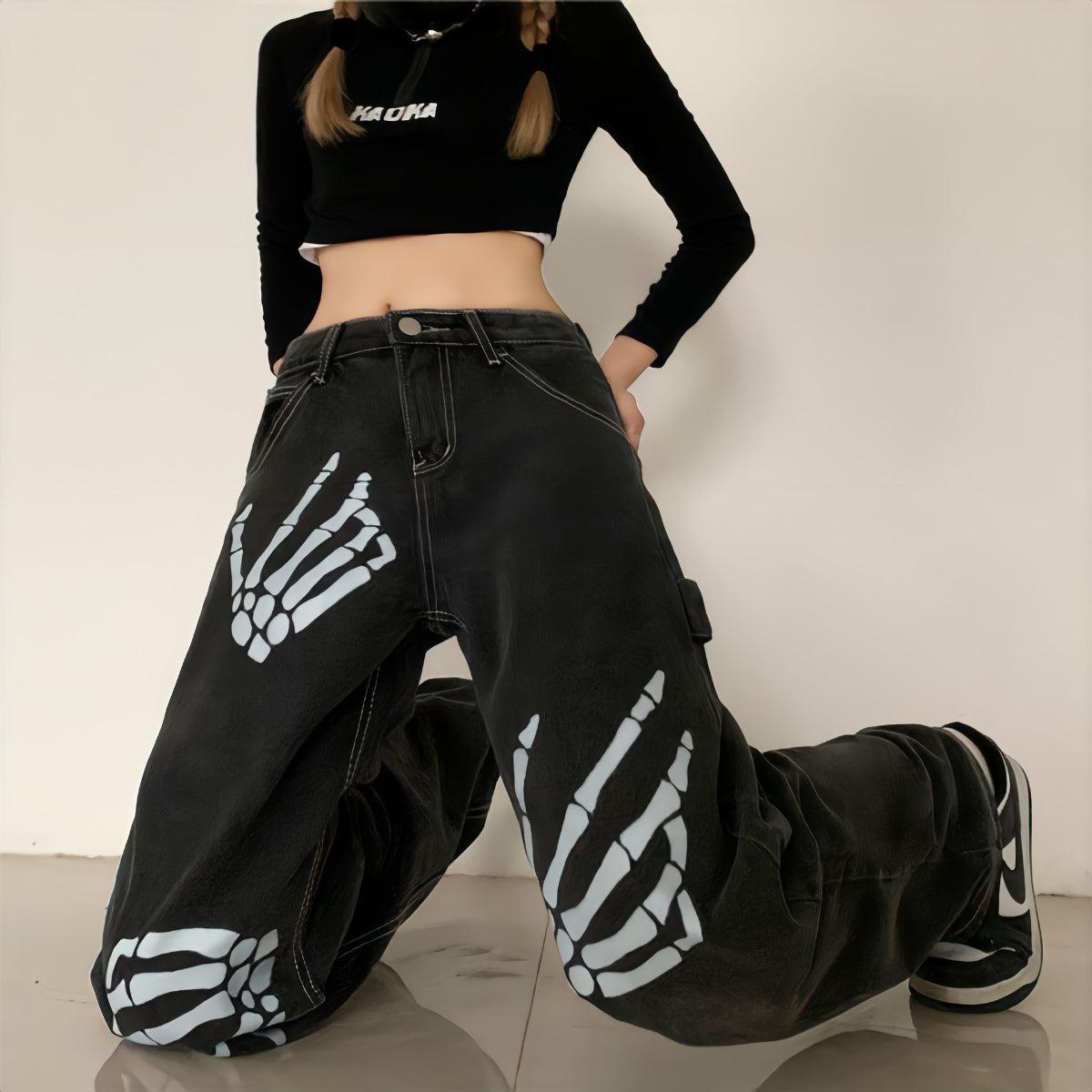Style Core Aesthetics, New Style Trends - Grunge Skeleton Hand Printed Jeans