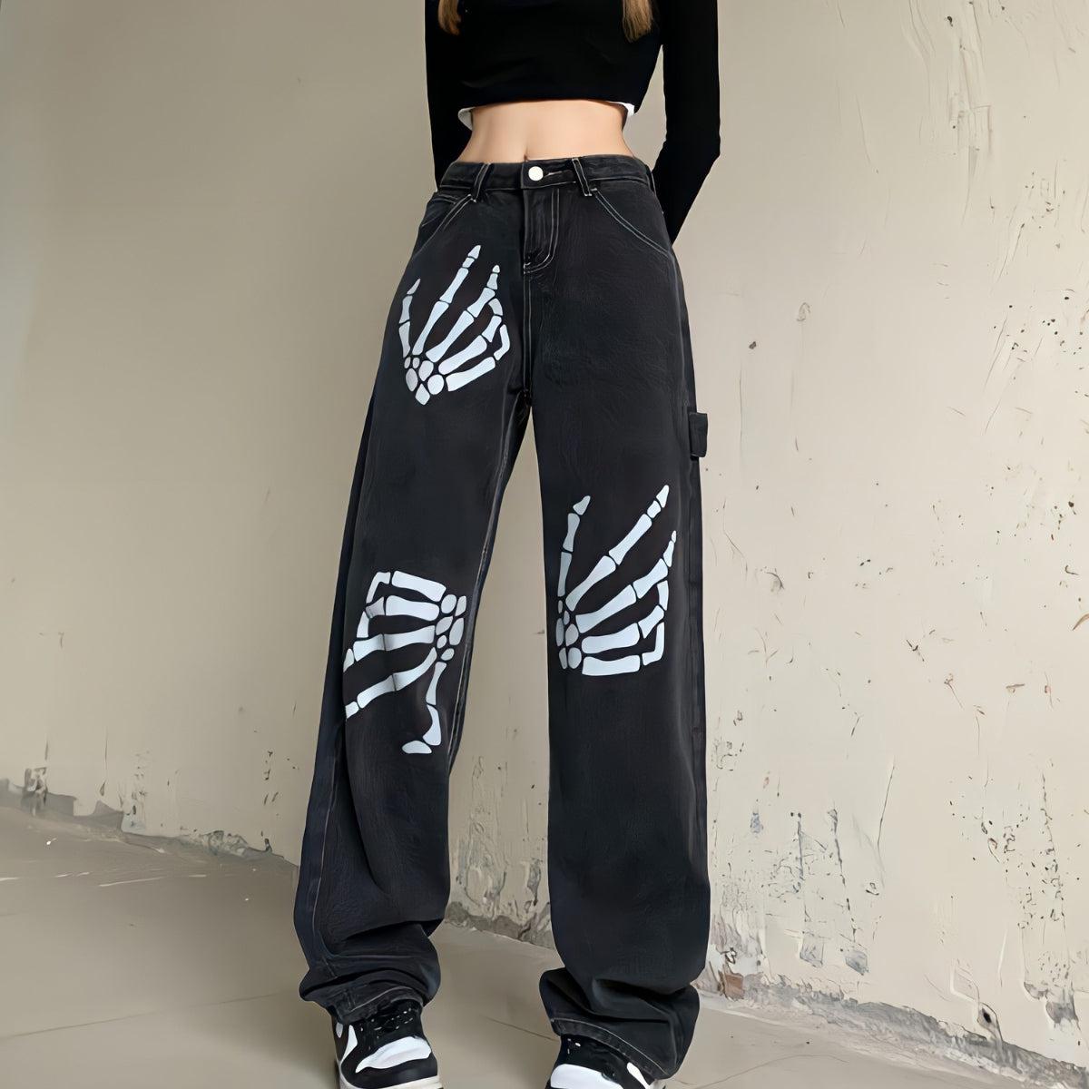 Style Core Aesthetics, New Style Trends - Grunge Skeleton Hand Printed Jeans