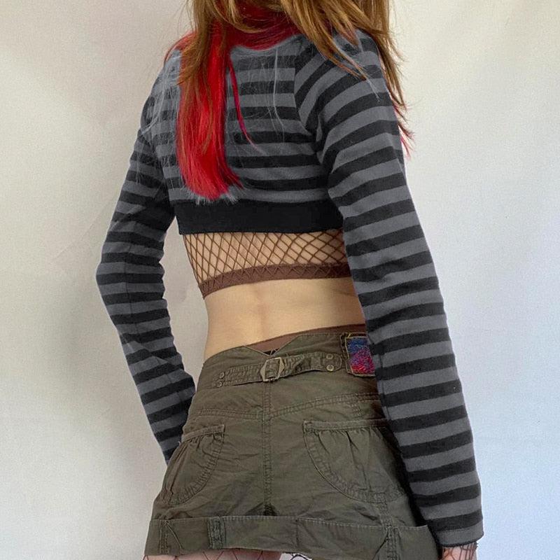 Style Core Aesthetics, New Style Trends - Grunge Striped Button-Up Crop Top