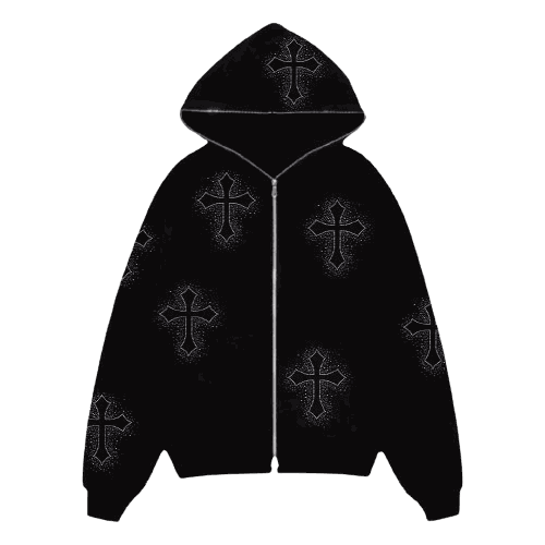 Style Core Aesthetics, New Style Trends - Hoodie Zippé avec des croix strass