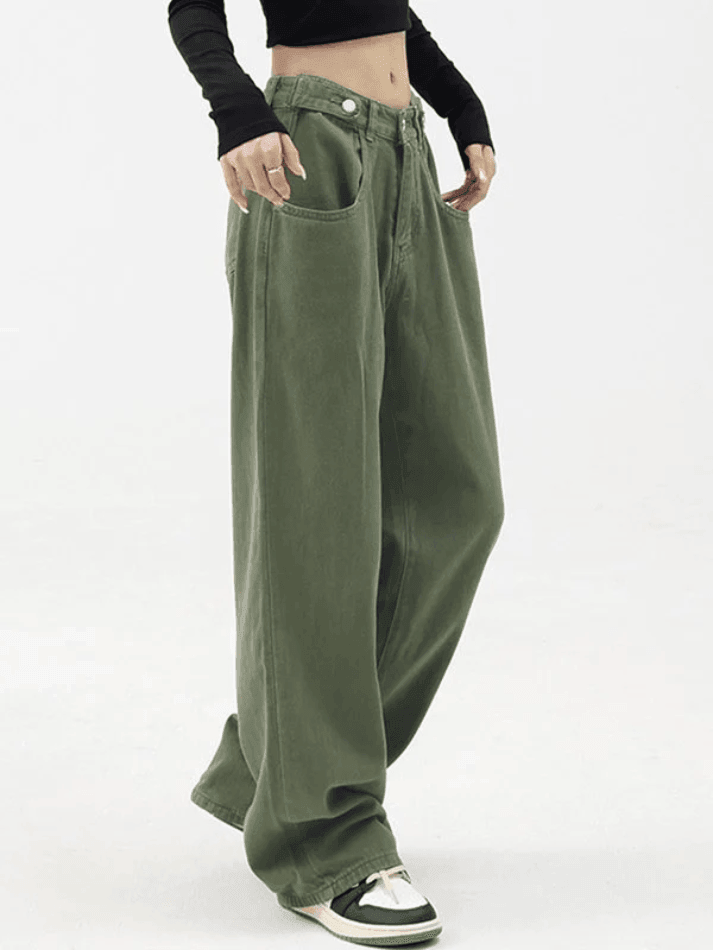Style Core Aesthetics, New Style Trends - Jean boyfriend baggy vert boutonné