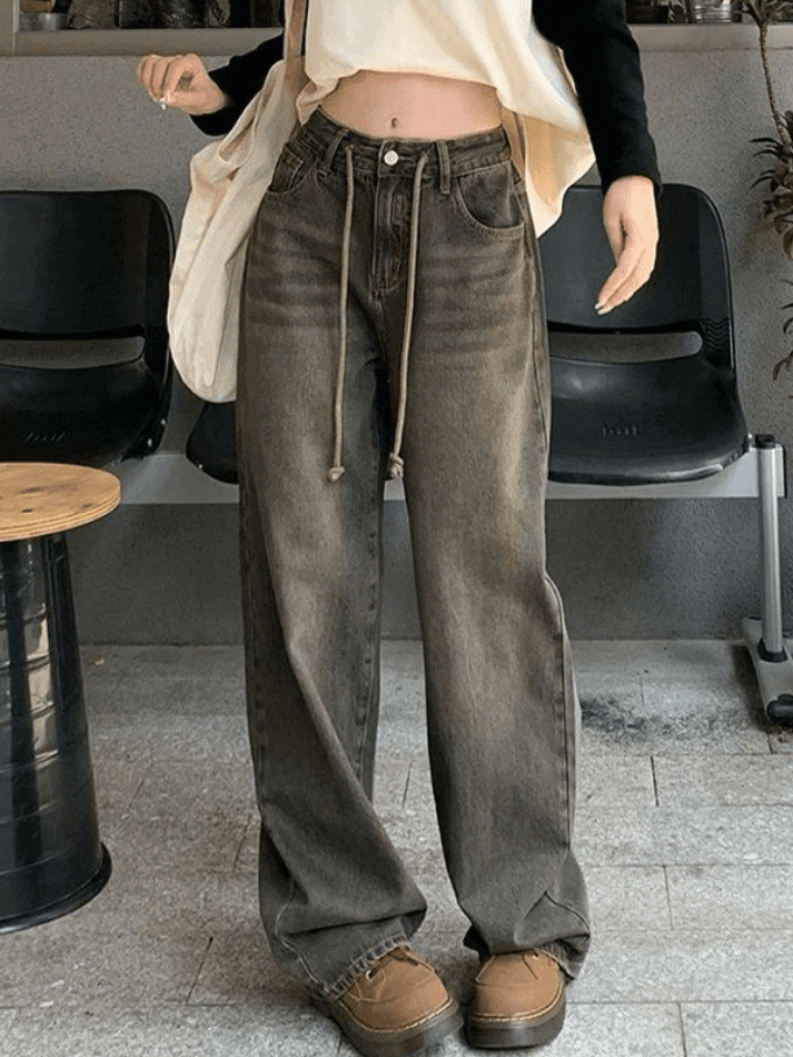 Style Core Aesthetics, New Style Trends - Jean boyfriend bouffant vintage à bretelles à nouer