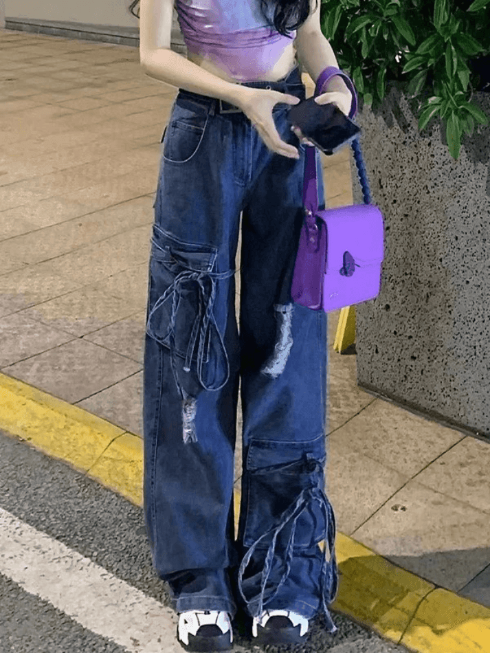 Style Core Aesthetics, New Style Trends - Jean boyfriend déchiré avec ceinture à nouer