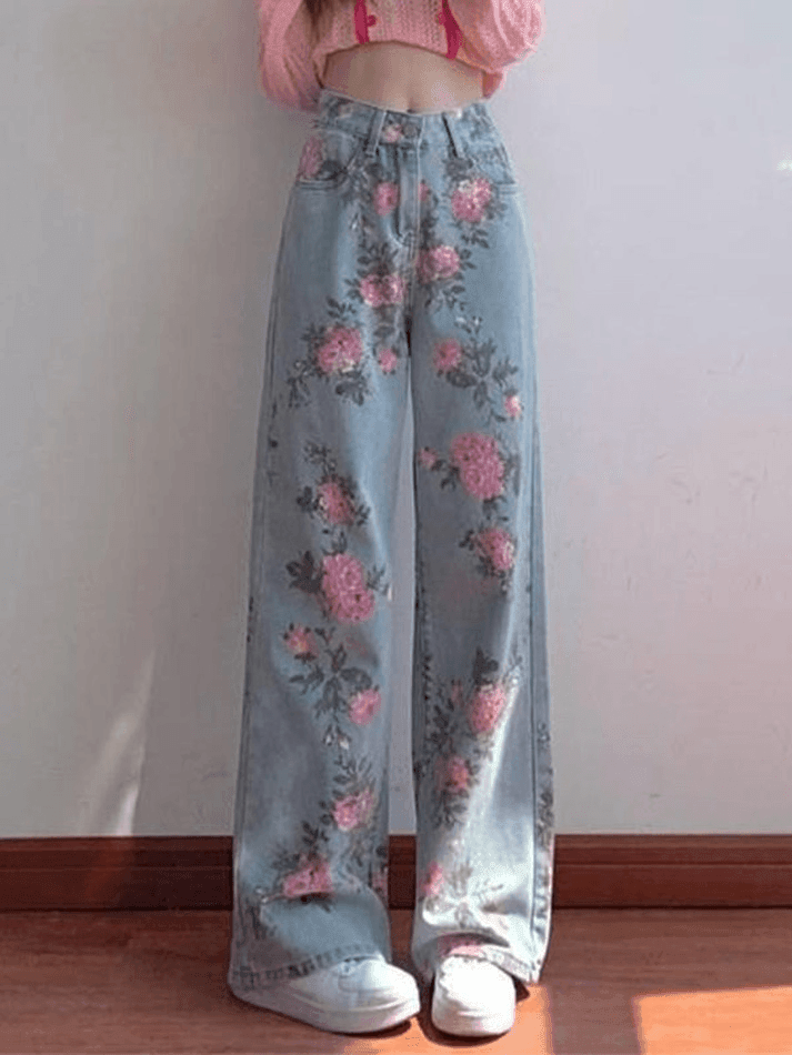 Style Core Aesthetics, New Style Trends - Jean boyfriend fleuri à taille haute