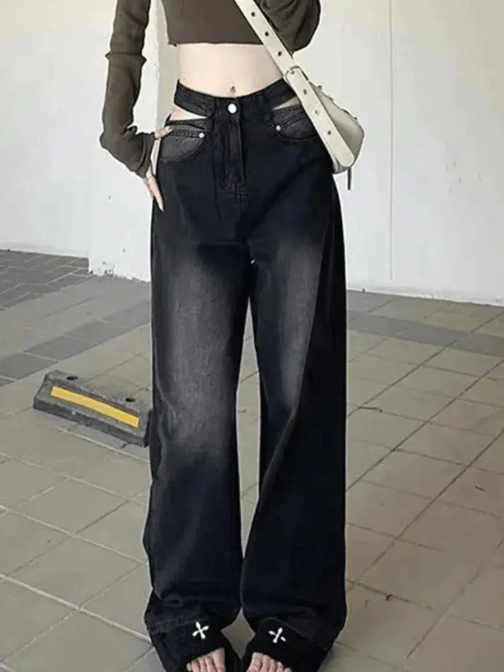 Style Core Aesthetics, New Style Trends - Jean boyfriend noir délavé à découpes