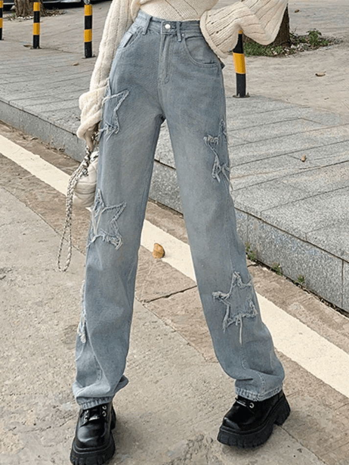 Style Core Aesthetics, New Style Trends - Jean boyfriend vintage à patch étoile et effet vieilli