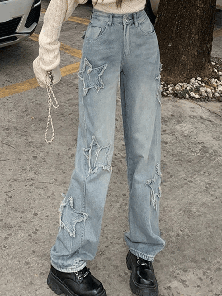Style Core Aesthetics, New Style Trends - Jean boyfriend vintage à patch étoile et effet vieilli