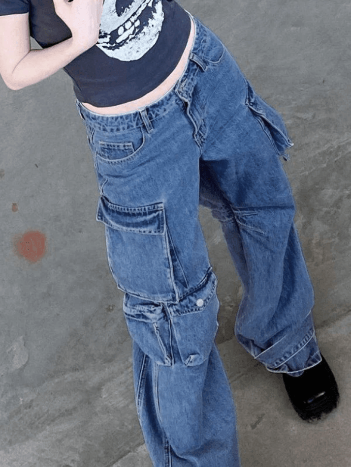 Style Core Aesthetics, New Style Trends - Jean cargo baggy à poches délavées vintage