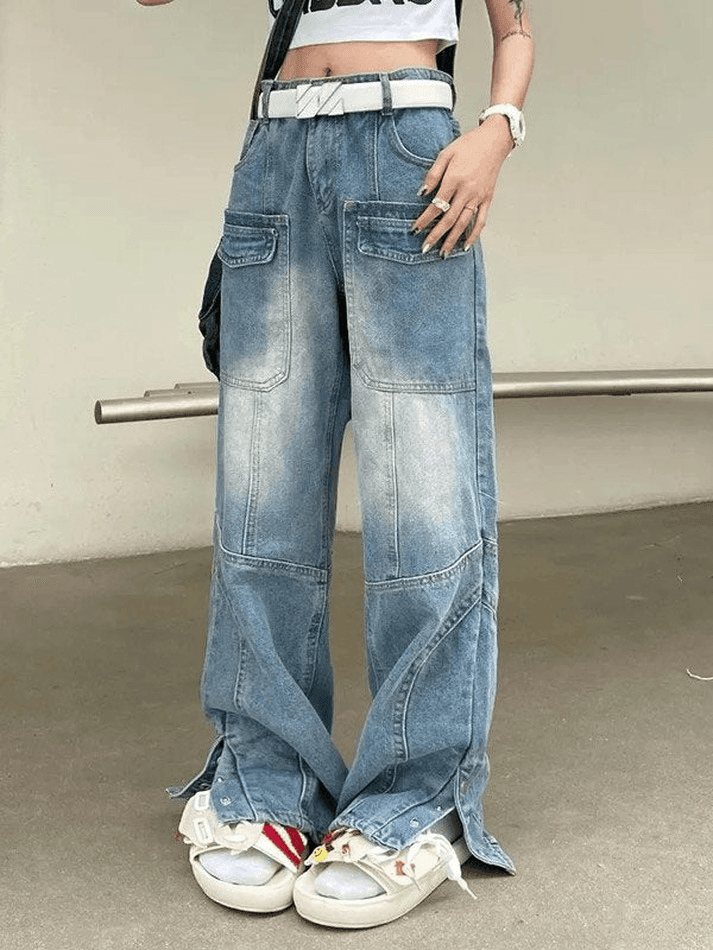 Style Core Aesthetics, New Style Trends - Jean cargo bleu fendu à boutons