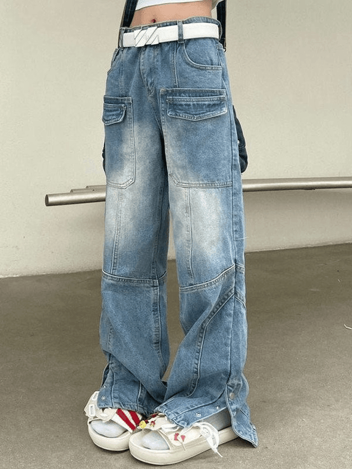 Style Core Aesthetics, New Style Trends - Jean cargo bleu fendu à boutons