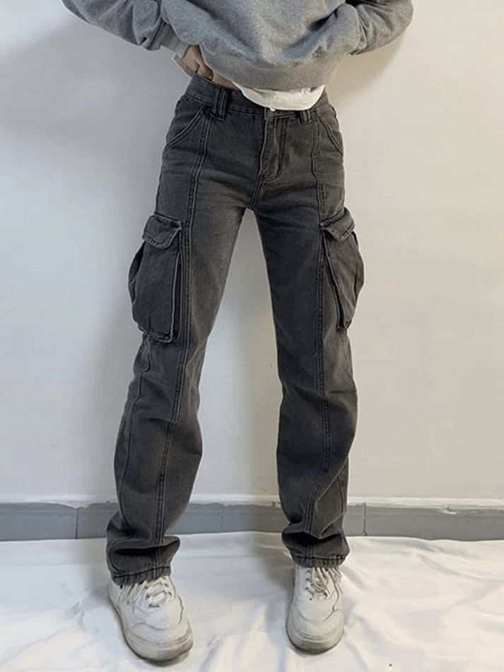 Style Core Aesthetics, New Style Trends - Jean cargo délavé à taille moyenne avec poche