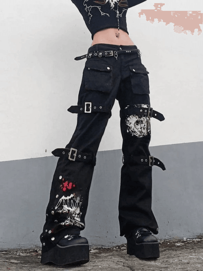 Style Core Aesthetics, New Style Trends - Jean cargo imprimé à bride à boucle