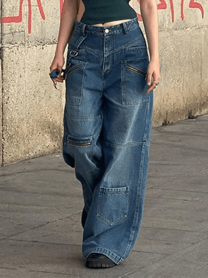 Style Core Aesthetics, New Style Trends - Jean cargo patchwork bleu délavé baggy