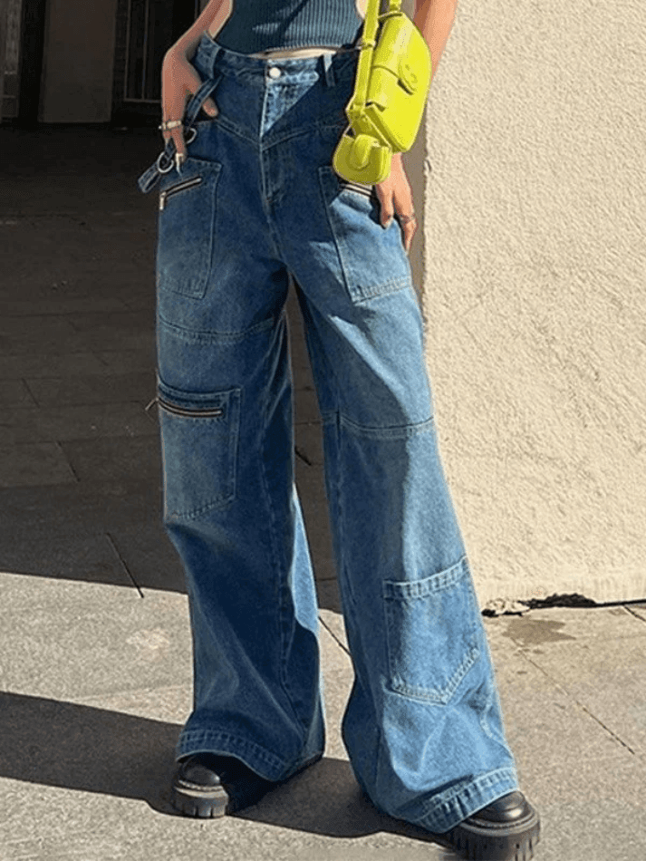 Style Core Aesthetics, New Style Trends - Jean cargo patchwork bleu délavé baggy