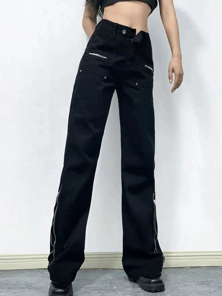 Style Core Aesthetics, New Style Trends - Jean cargo évasé à la cheville noir à fermeture éclair