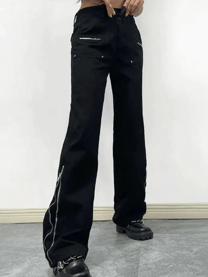 Style Core Aesthetics, New Style Trends - Jean cargo évasé à la cheville noir à fermeture éclair