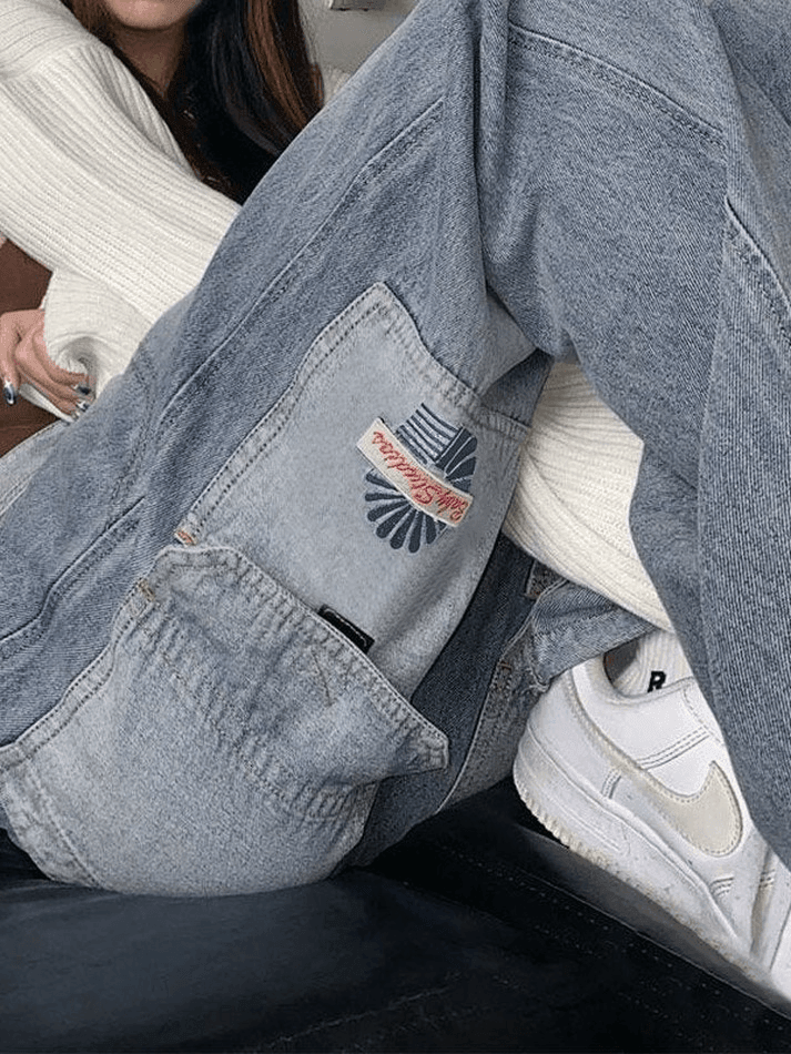 Style Core Aesthetics, New Style Trends - Jean cargo vintage à délavage clair et patchwork