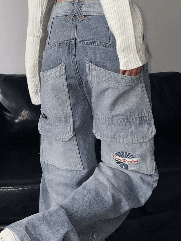 Style Core Aesthetics, New Style Trends - Jean cargo vintage à délavage clair et patchwork