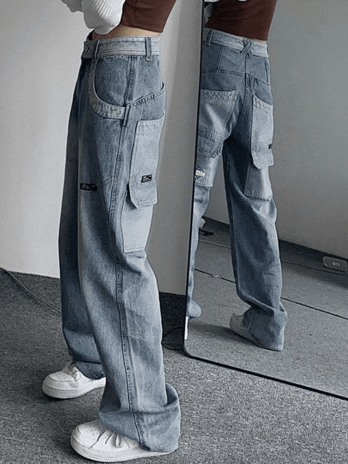Style Core Aesthetics, New Style Trends - Jean cargo vintage à délavage clair et patchwork
