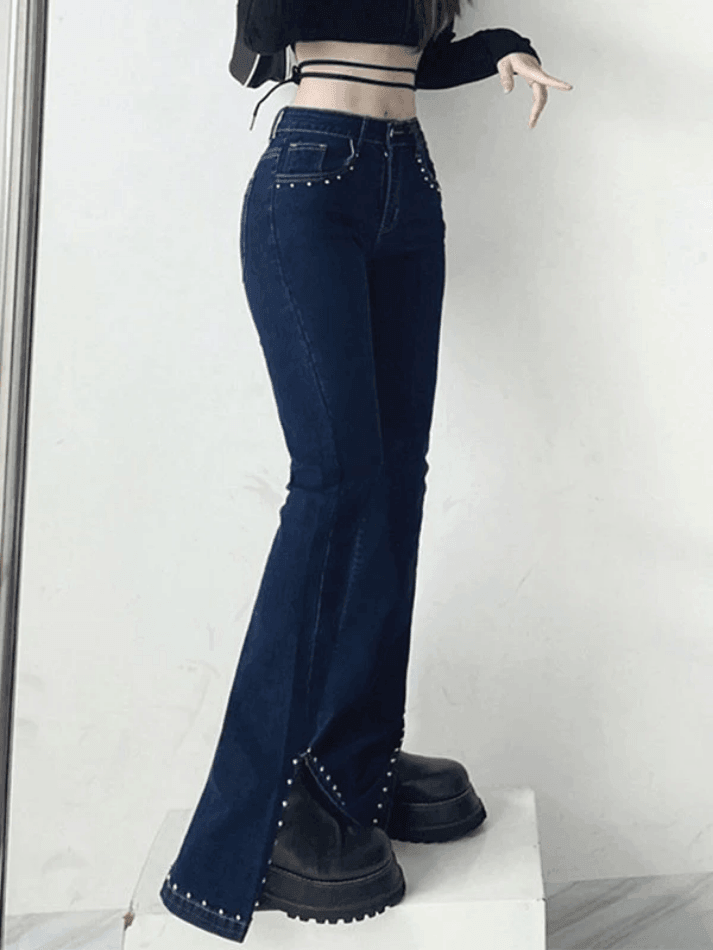 Style Core Aesthetics, New Style Trends - Jean évasé fendu avec perles Y2K
