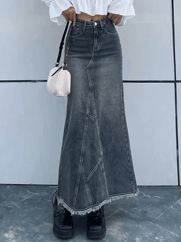 Style Core Aesthetics, New Style Trends - Jupe longue en jean patchwork fendue au dos
