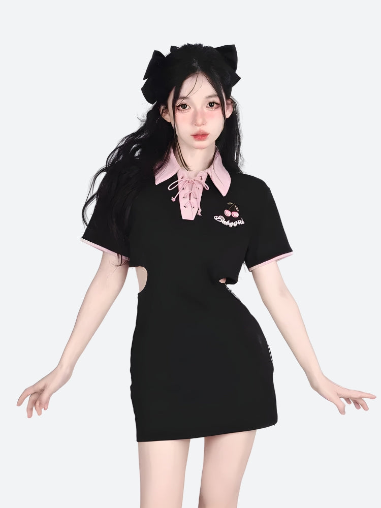 Style Core Aesthetics, New Style Trends - Kawaii Cherry Cut Out Mini Polo Dress