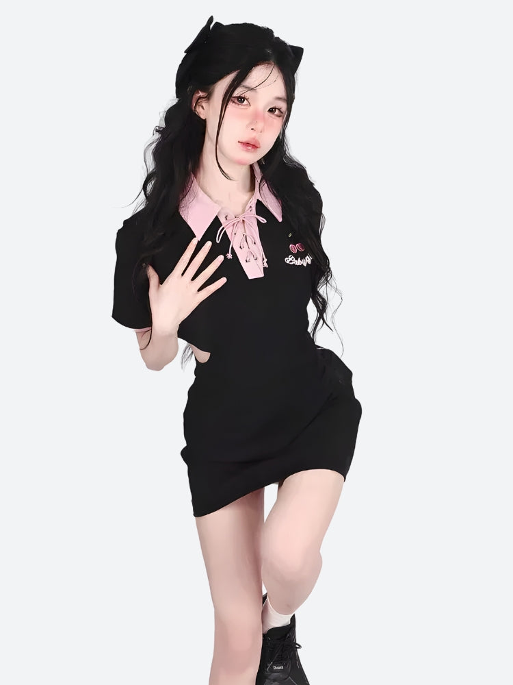 Style Core Aesthetics, New Style Trends - Kawaii Cherry Cut Out Mini Polo Dress