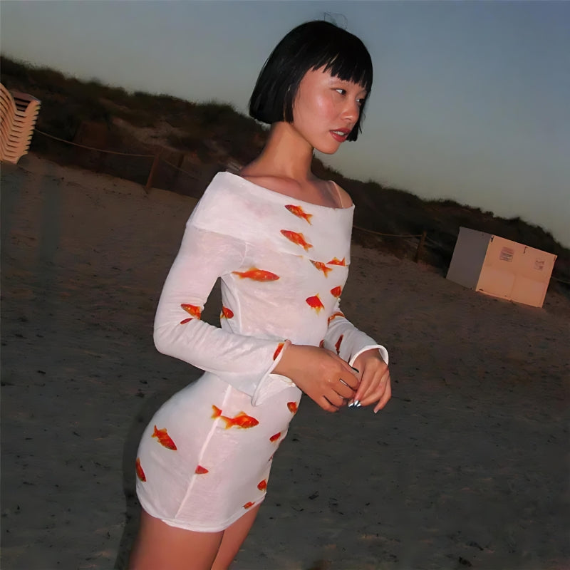Style Core Aesthetics, New Style Trends - Koi Fish Printed Mesh Mini Dress